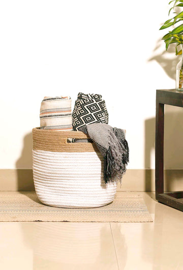 White and Beige Cotton Jute Basket